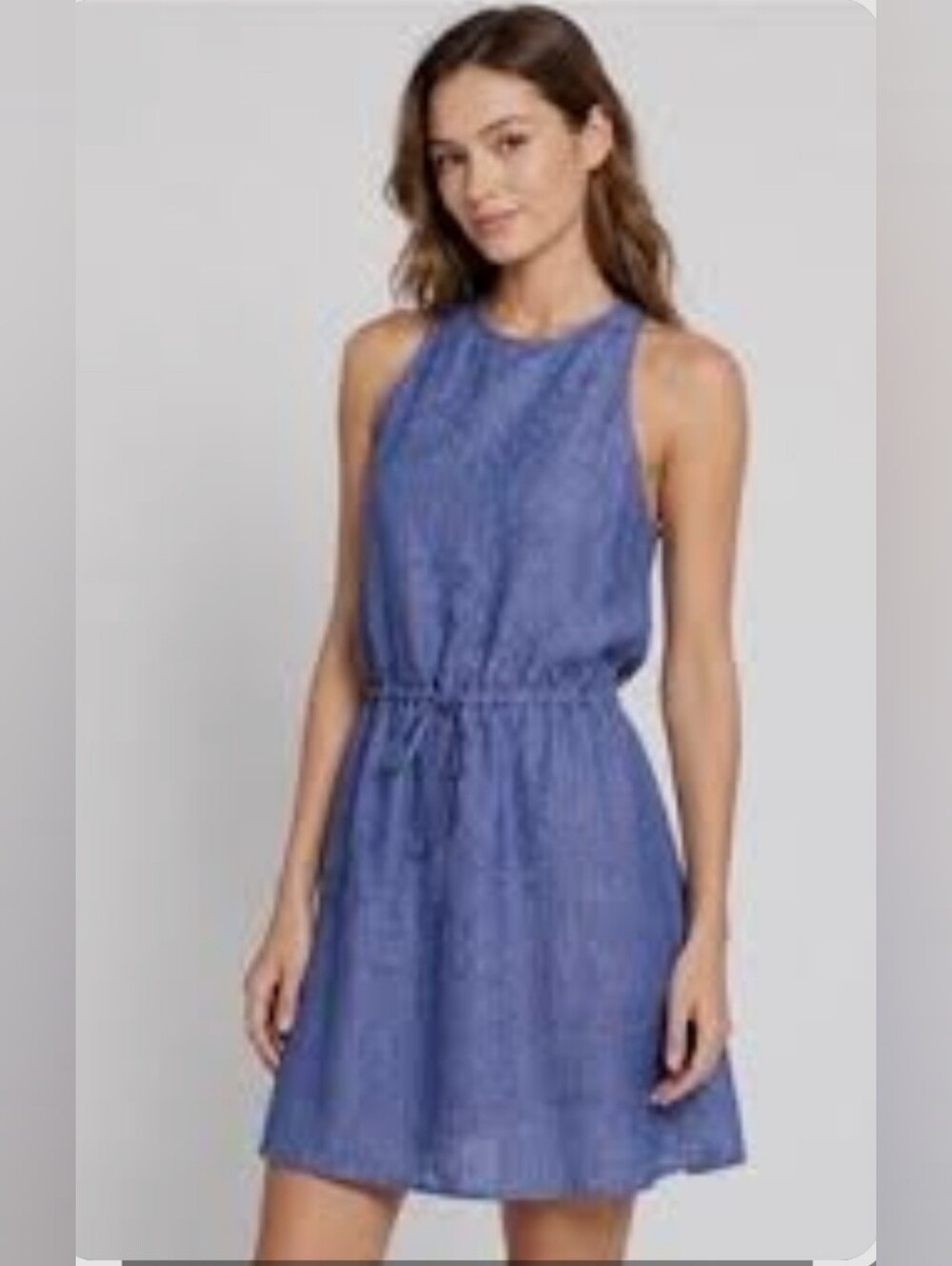 JOIE 100% LINEN Sleeveless Blue Drawstring Waist Summer Dress